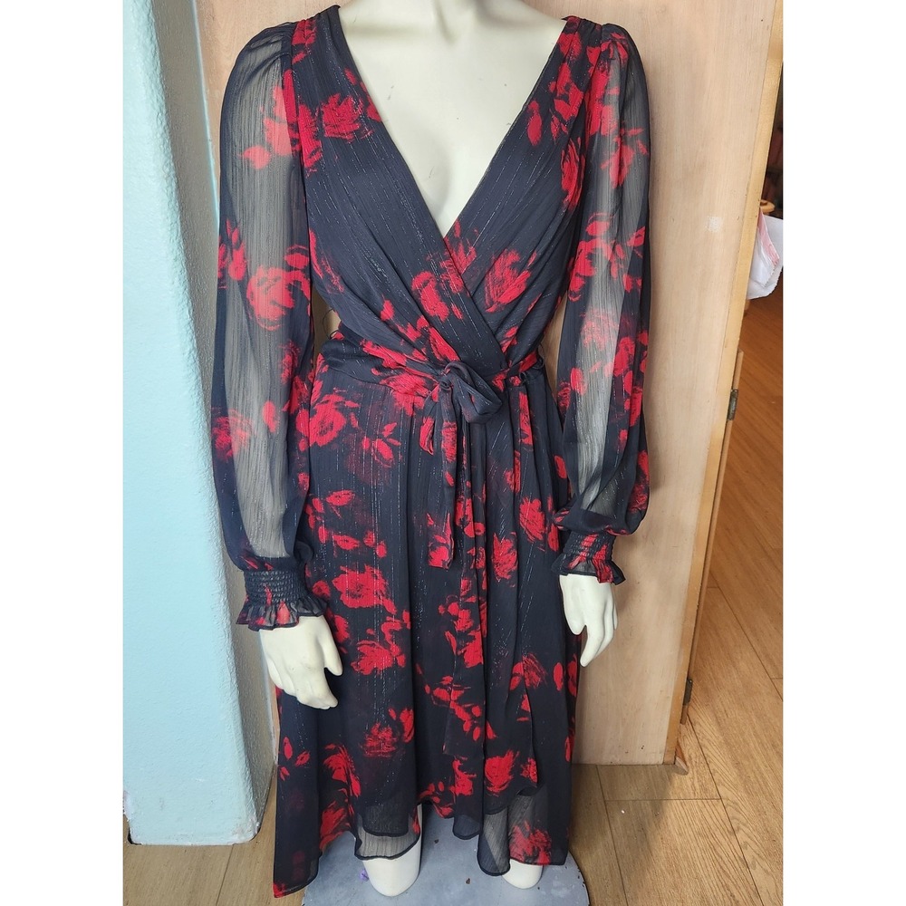 DKNY Black Red Floral Chiffon Wrap Dress V Neck Puff Sleeve Sz 6 Dark Romantic - Picture 2 of 11